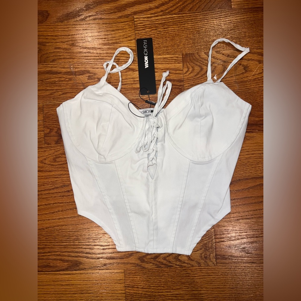 Fashion Nova White Bustier Bodysuit with Tie Front